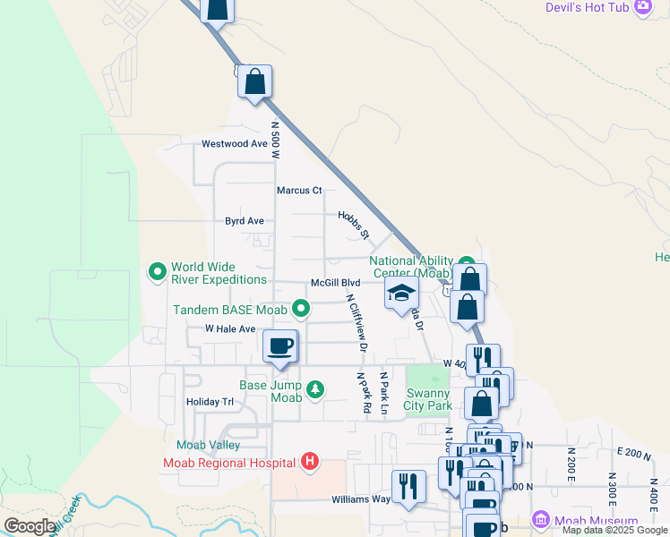 map of restaurants, bars, coffee shops, grocery stores, and more near 381 North Mivida Drive in Moab