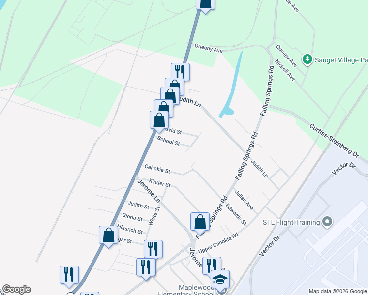 map of restaurants, bars, coffee shops, grocery stores, and more near 30 School Street in Cahokia