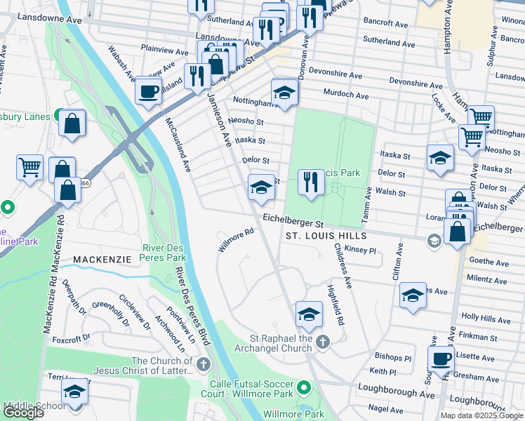 map of restaurants, bars, coffee shops, grocery stores, and more near 6535 Eichelberger Street in St. Louis