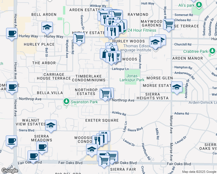 map of restaurants, bars, coffee shops, grocery stores, and more near 960 Fulton Avenue in Sacramento
