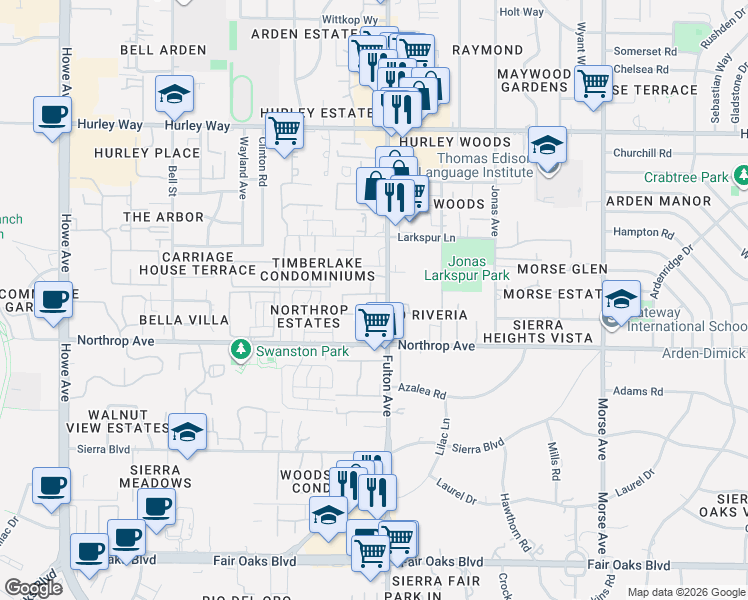 map of restaurants, bars, coffee shops, grocery stores, and more near 973 Fulton Avenue in Sacramento