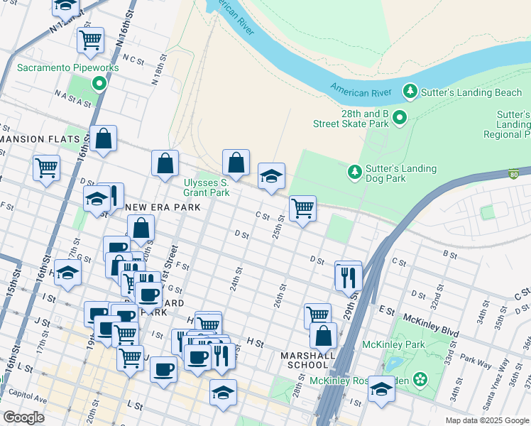 map of restaurants, bars, coffee shops, grocery stores, and more near 2331 C Street in Sacramento
