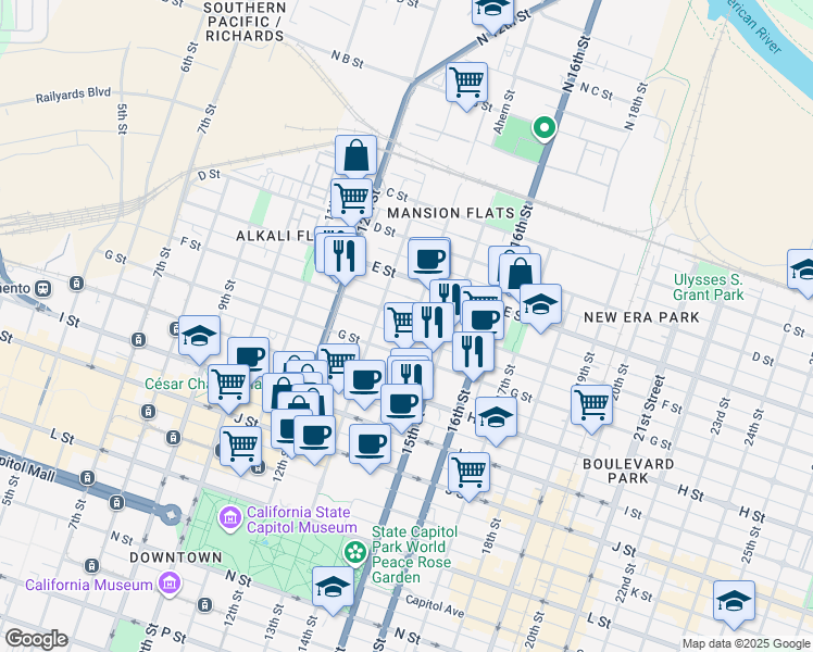 map of restaurants, bars, coffee shops, grocery stores, and more near 1322 F Street in Sacramento