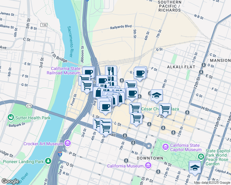 map of restaurants, bars, coffee shops, grocery stores, and more near 432 I Street in Sacramento