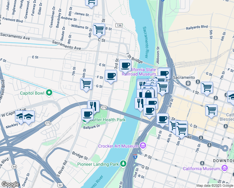 map of restaurants, bars, coffee shops, grocery stores, and more near 701 3rd Street in West Sacramento