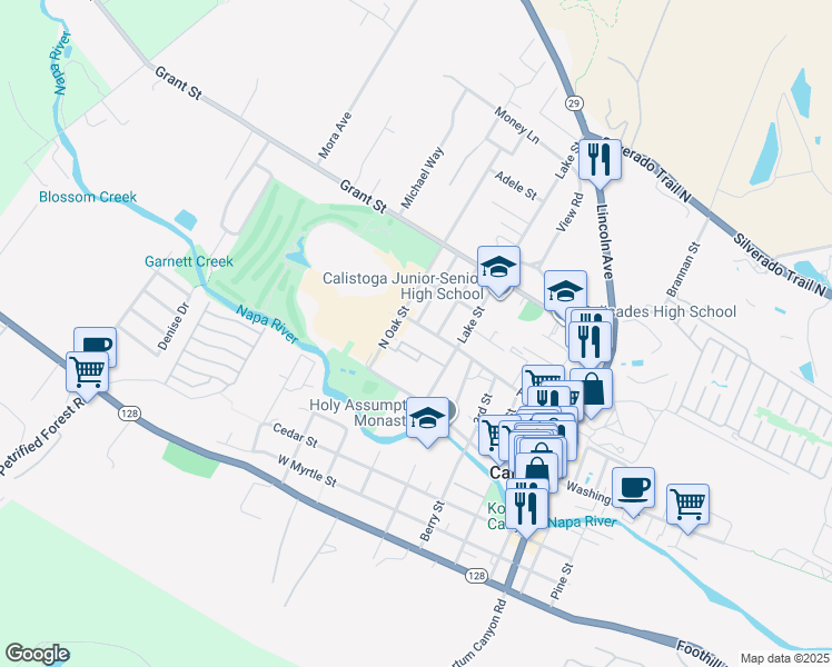 map of restaurants, bars, coffee shops, grocery stores, and more near 1465 Lake Street in Calistoga