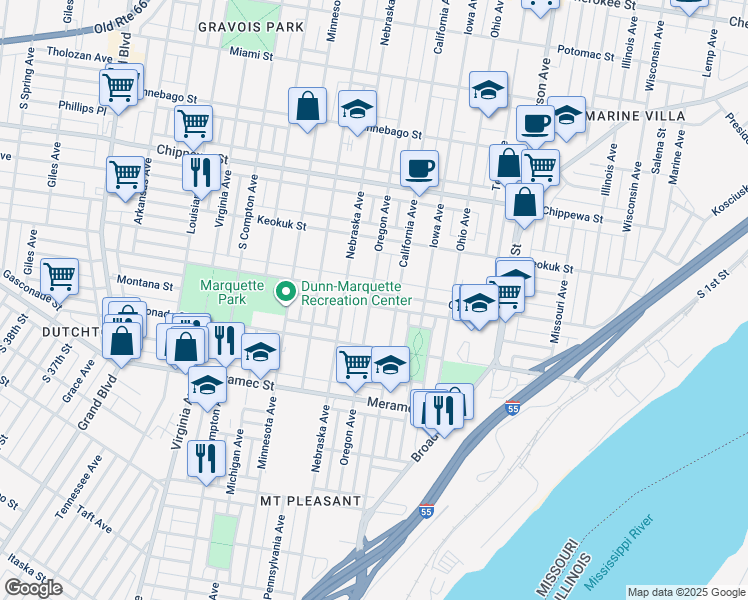 map of restaurants, bars, coffee shops, grocery stores, and more near 2842 Osage Street in St. Louis