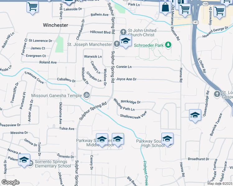 map of restaurants, bars, coffee shops, grocery stores, and more near 506 Nandale Lane in Ballwin