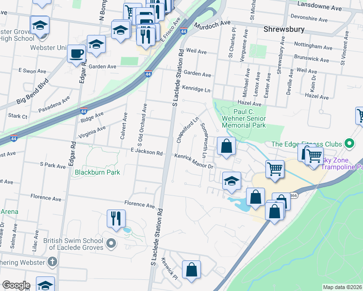 map of restaurants, bars, coffee shops, grocery stores, and more near 5334 Chapelford Lane in St. Louis