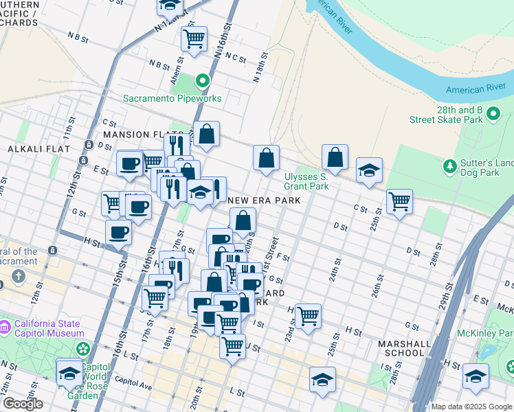 map of restaurants, bars, coffee shops, grocery stores, and more near 404 20th Street in Sacramento