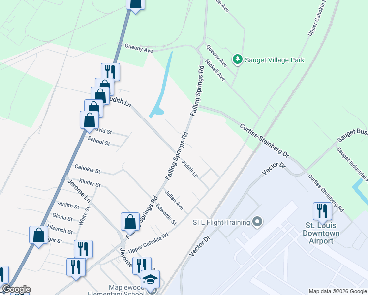map of restaurants, bars, coffee shops, grocery stores, and more near 3402 Falling Springs Road in Cahokia
