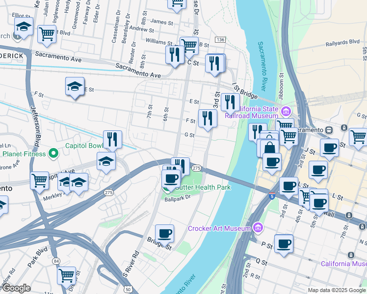 map of restaurants, bars, coffee shops, grocery stores, and more near 733 5th Street in West Sacramento