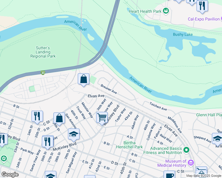 map of restaurants, bars, coffee shops, grocery stores, and more near 3903 Breuner Avenue in Sacramento