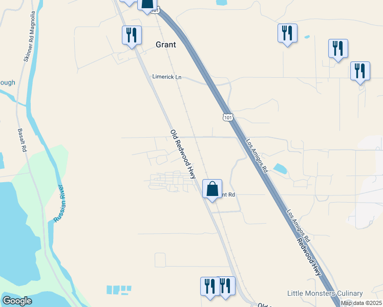 map of restaurants, bars, coffee shops, grocery stores, and more near 12204 Old Redwood Highway in Healdsburg