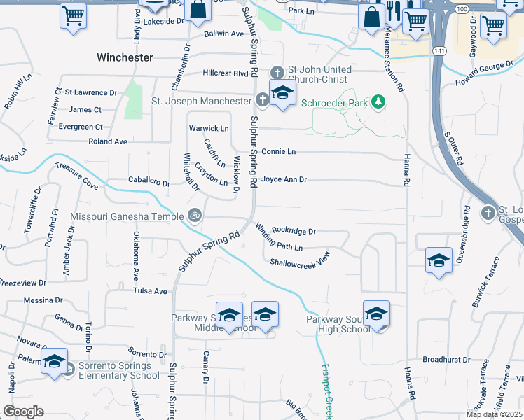 map of restaurants, bars, coffee shops, grocery stores, and more near 506 Nandale Lane in Ballwin