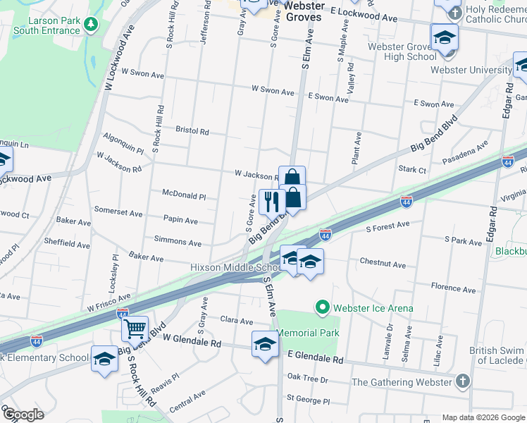 map of restaurants, bars, coffee shops, grocery stores, and more near 447 Alma Avenue in Webster Groves