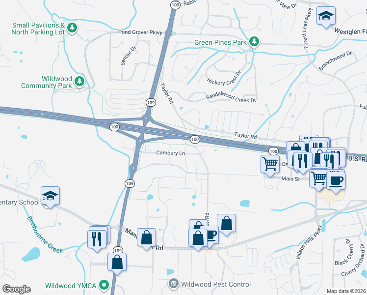 map of restaurants, bars, coffee shops, grocery stores, and more near 2411 Kilare Lane North in Wildwood