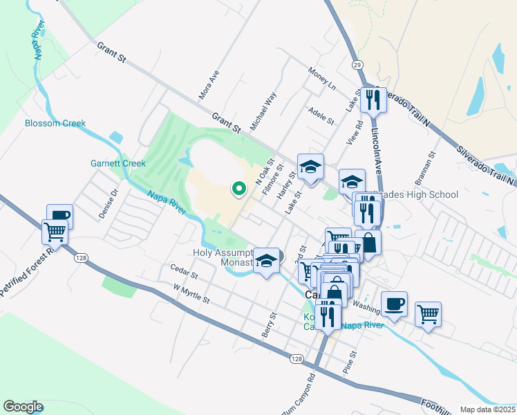map of restaurants, bars, coffee shops, grocery stores, and more near 1465 Lake Street in Calistoga