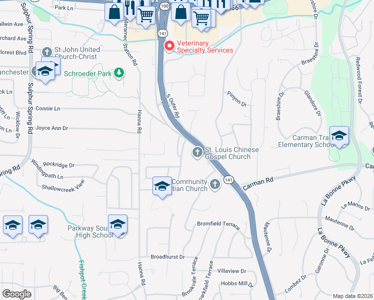 map of restaurants, bars, coffee shops, grocery stores, and more near 9 Finlay Fields in Ballwin