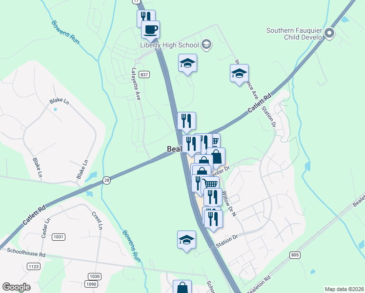 map of restaurants, bars, coffee shops, grocery stores, and more near  in Bealeton
