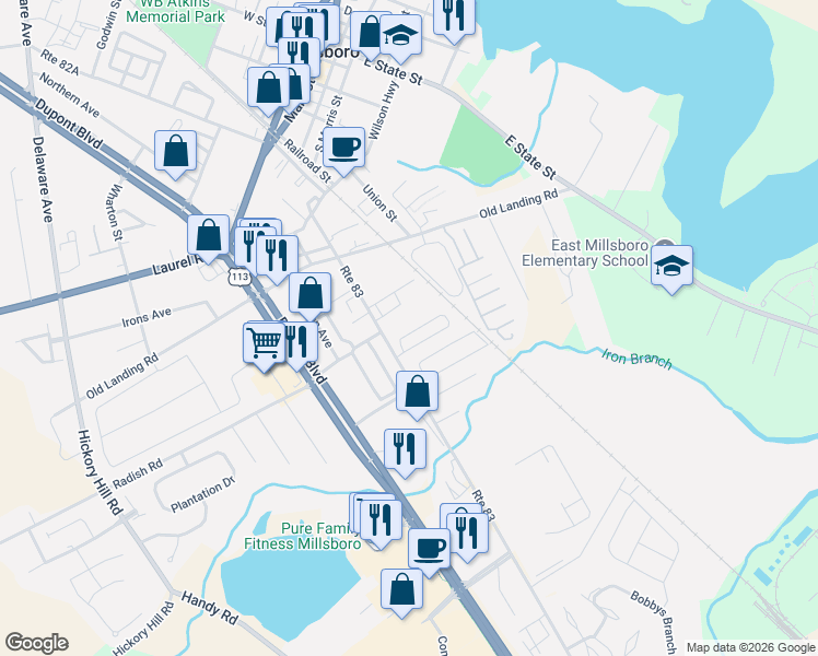 map of restaurants, bars, coffee shops, grocery stores, and more near 30 Nash Circle in Millsboro