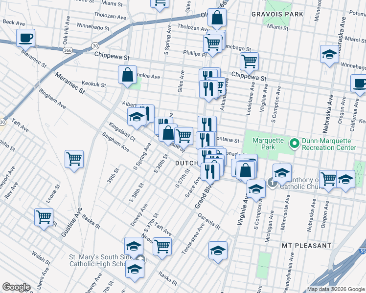 map of restaurants, bars, coffee shops, grocery stores, and more near in St. Louis