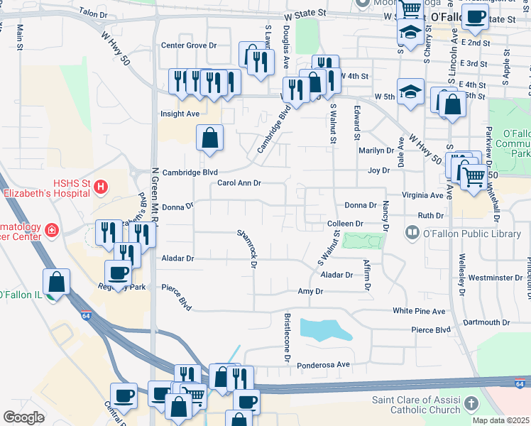 map of restaurants, bars, coffee shops, grocery stores, and more near 932 Evan Drive in O'Fallon