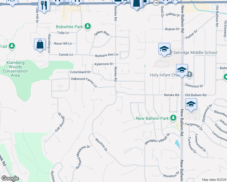 map of restaurants, bars, coffee shops, grocery stores, and more near 1271 Westrun Drive in Ballwin