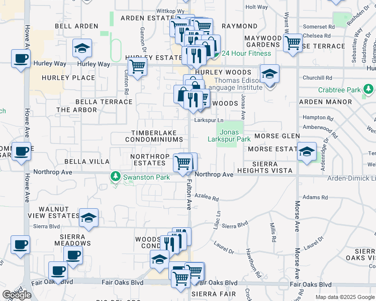 map of restaurants, bars, coffee shops, grocery stores, and more near 973 Fulton Avenue in Sacramento