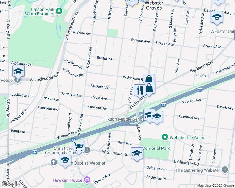 map of restaurants, bars, coffee shops, grocery stores, and more near 505 Gray Avenue in Webster Groves