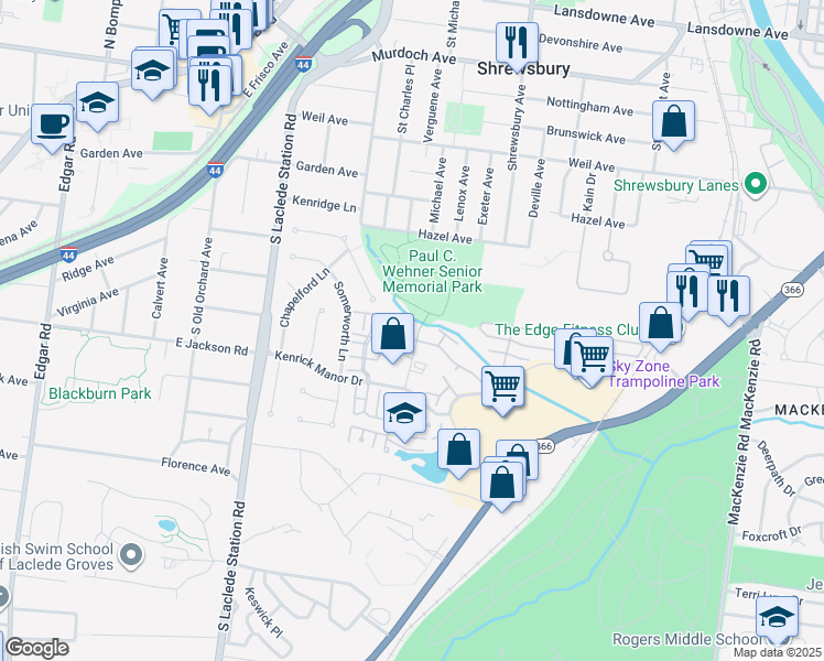 map of restaurants, bars, coffee shops, grocery stores, and more near 7605 Triwoods Drive in St. Louis