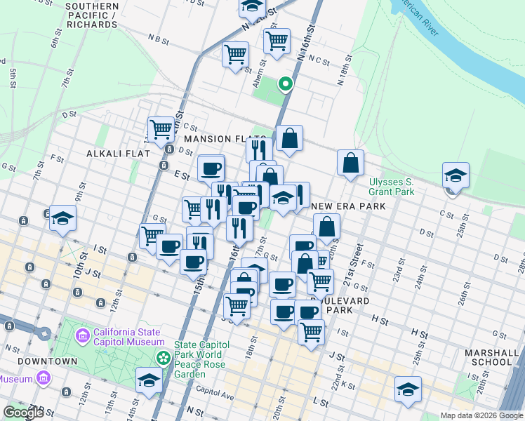 map of restaurants, bars, coffee shops, grocery stores, and more near 1616 E Street in Sacramento