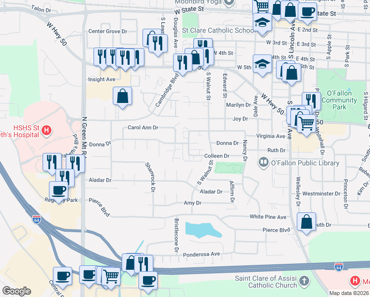 map of restaurants, bars, coffee shops, grocery stores, and more near 545 Donna Drive in O'Fallon