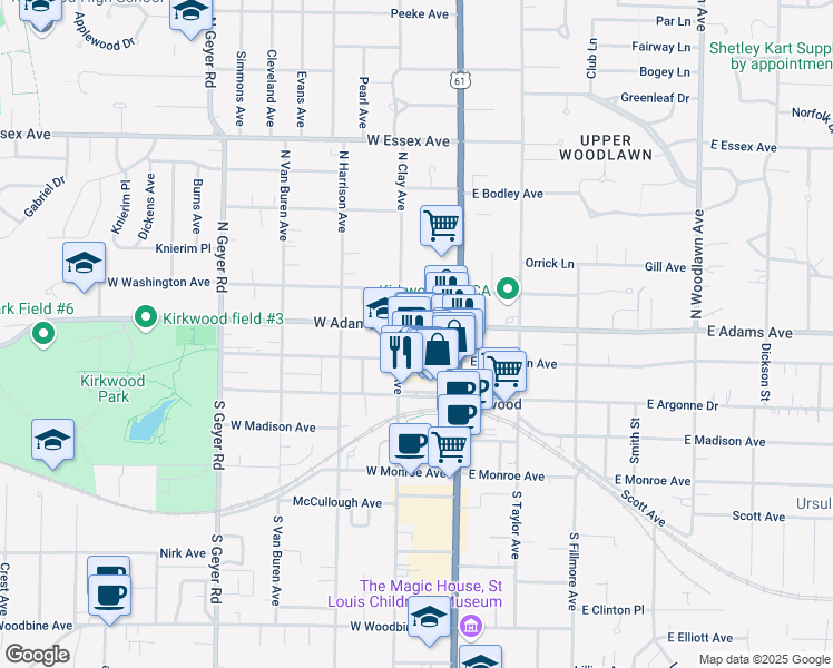 map of restaurants, bars, coffee shops, grocery stores, and more near 138 West Adams Avenue in Kirkwood