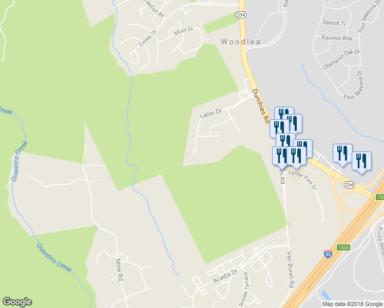 map of restaurants, bars, coffee shops, grocery stores, and more near 4256 Talon Drive in Dumfries
