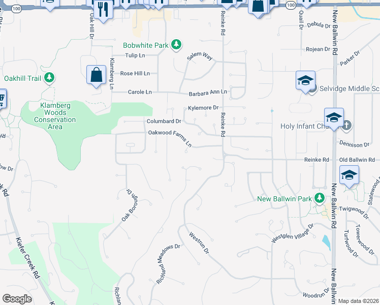 map of restaurants, bars, coffee shops, grocery stores, and more near 204 Oakwood Farms Court in Ballwin
