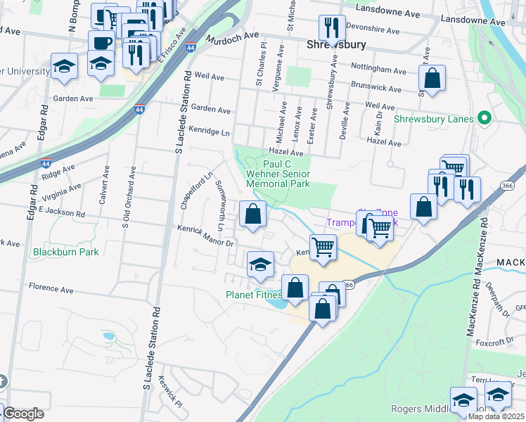 map of restaurants, bars, coffee shops, grocery stores, and more near 7605 Triwoods Drive in St. Louis