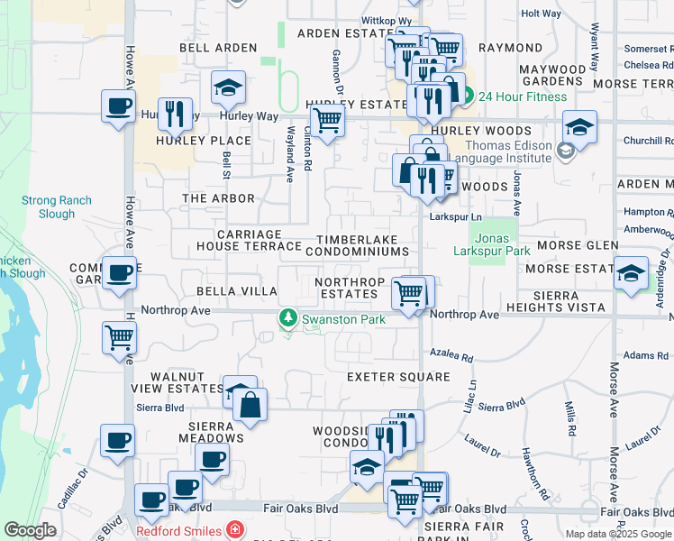 map of restaurants, bars, coffee shops, grocery stores, and more near 2408 Cava Court in Sacramento