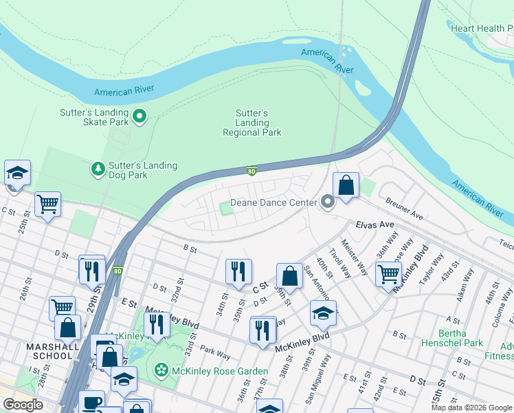 map of restaurants, bars, coffee shops, grocery stores, and more near 17 Fonseca Street in Sacramento
