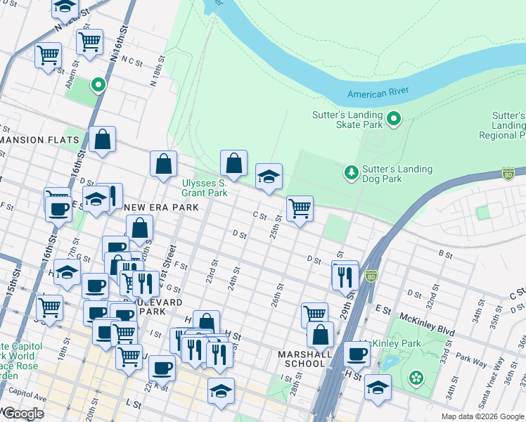map of restaurants, bars, coffee shops, grocery stores, and more near 2322 C Street in Sacramento
