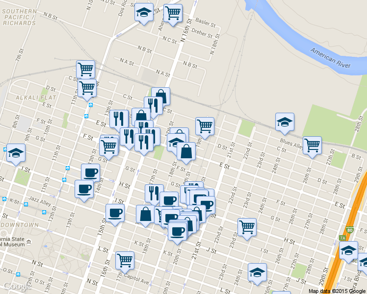 map of restaurants, bars, coffee shops, grocery stores, and more near 1717 E Street in Sacramento