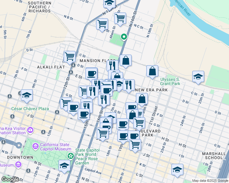 map of restaurants, bars, coffee shops, grocery stores, and more near 1616 E Street in Sacramento