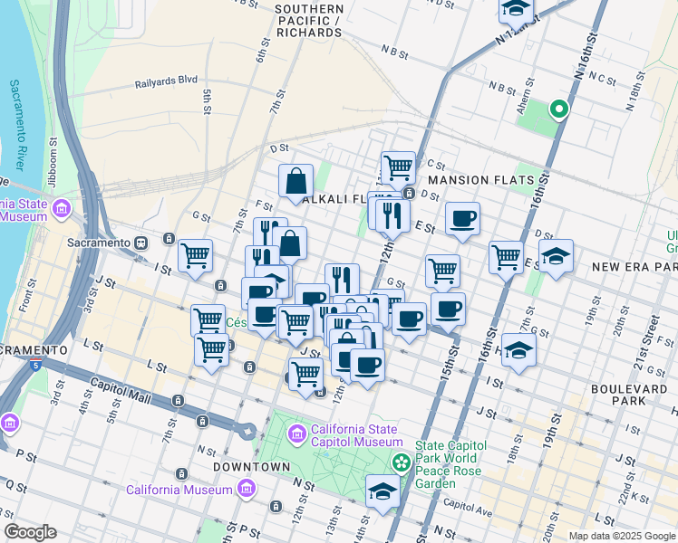 map of restaurants, bars, coffee shops, grocery stores, and more near 1030 G Street in Sacramento