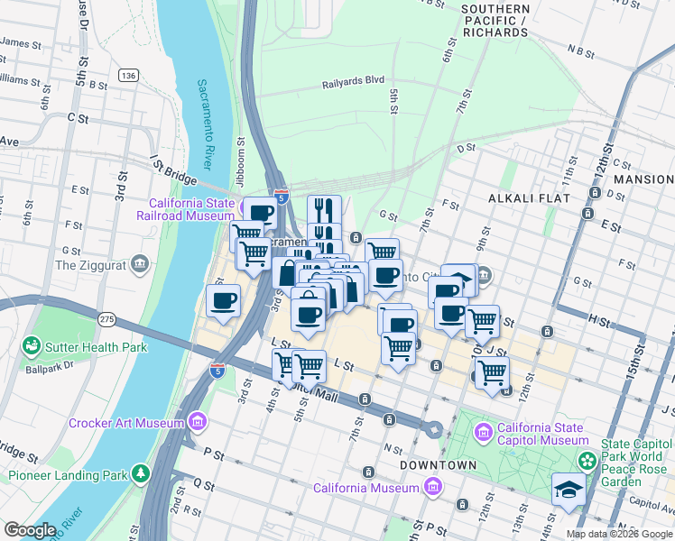 map of restaurants, bars, coffee shops, grocery stores, and more near 420 I Street in Sacramento