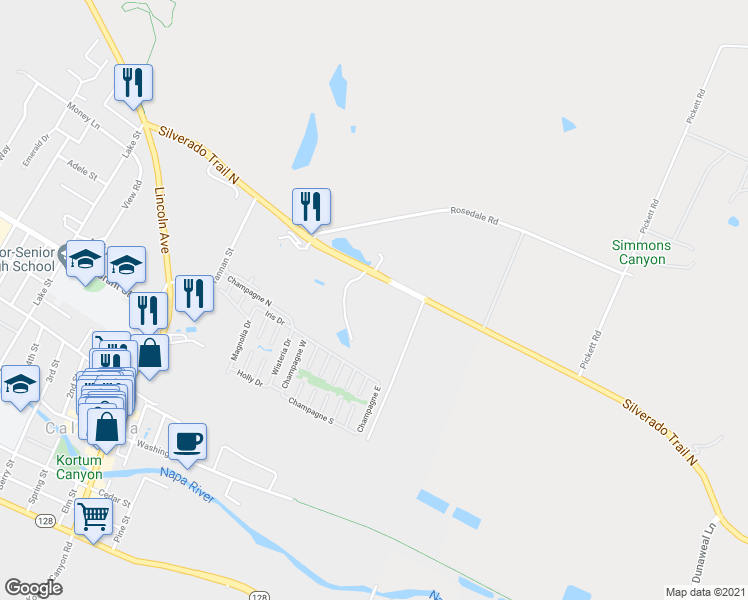 map of restaurants, bars, coffee shops, grocery stores, and more near 743 Silverado Trail North in Calistoga