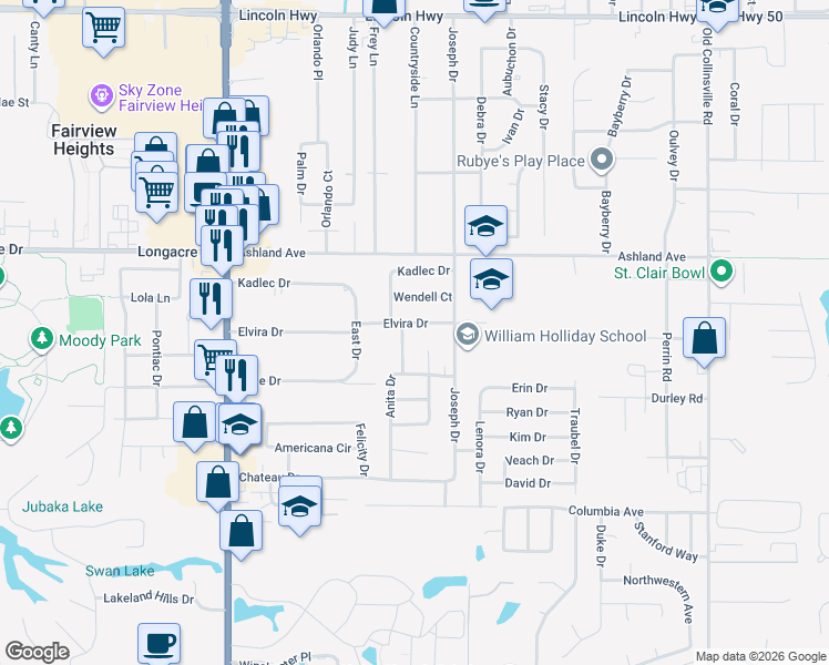 map of restaurants, bars, coffee shops, grocery stores, and more near 212 Elvira Drive in Fairview Heights