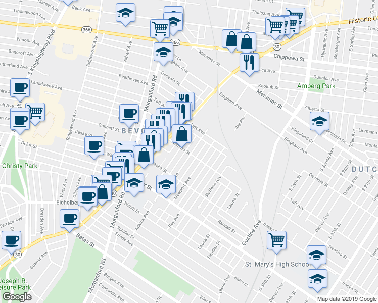 map of restaurants, bars, coffee shops, grocery stores, and more near 4604 Newport Court in St. Louis