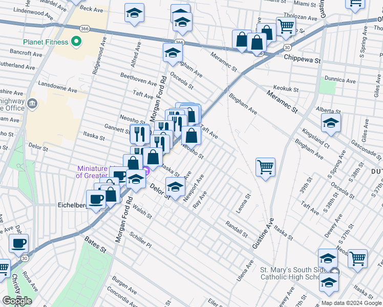 map of restaurants, bars, coffee shops, grocery stores, and more near 4604 Newport Court in St. Louis