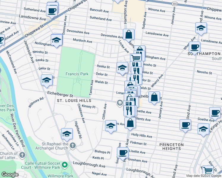 map of restaurants, bars, coffee shops, grocery stores, and more near 6219A Loran Avenue in St. Louis