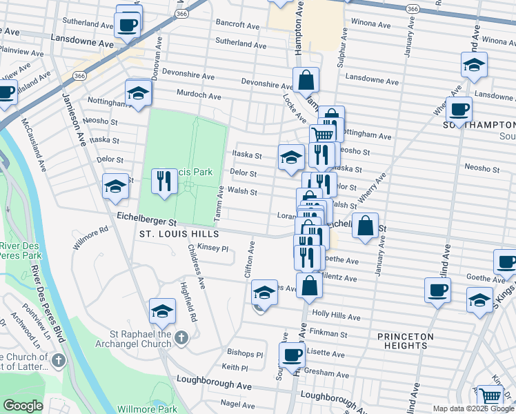 map of restaurants, bars, coffee shops, grocery stores, and more near 6219A Loran Avenue in St. Louis